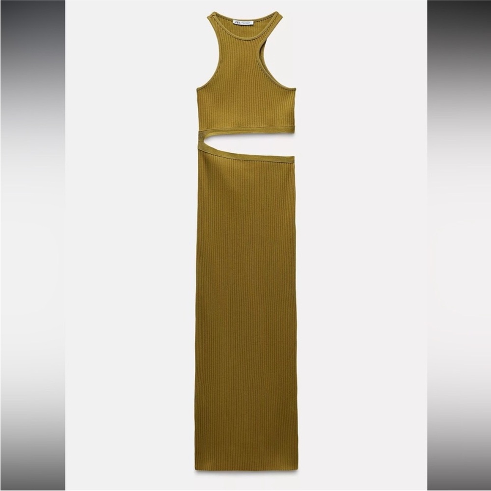 Zara olive green ribbed asymmetric cut out dress, medium